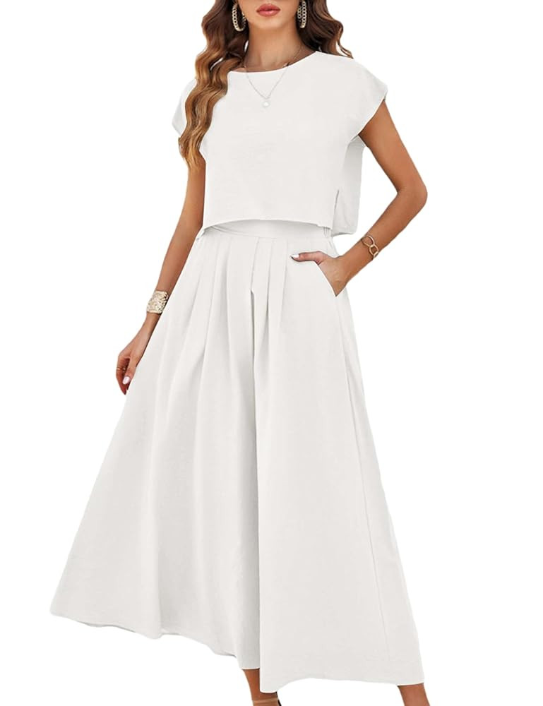 Mingzhu Womens 2 Piece Outfits Skirt Set Summer Casual Cap Sleeve Crop Tops Maxi Dress Sets with ... | Amazon (US)