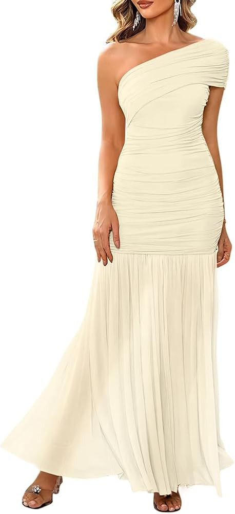 LAGSHIAN Women's Elegant Formal Long Dress One Shoulder Sleeveless Ruched Bodycon Evening Dress | Amazon (US)