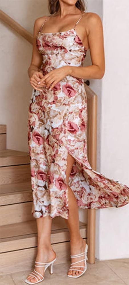 UTNISAN Women's Cowl Neck Spaghetti Strap Satin Slip Wedding Guest Formal Midi Evening Dress 2030 | Amazon (US)