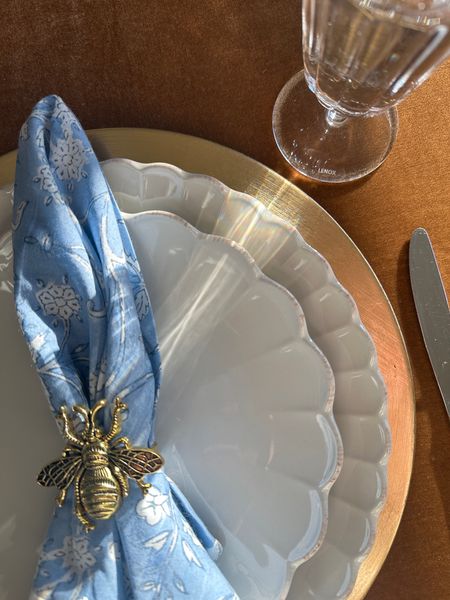 Easter spring tablescape and table settings. Lenox scalloped dinner plates in French Perle Scallop. Stemware and silverware for an elegant dining room. I am OBSESSED with the gold velvet ruffle tablecloth from Amazon 

#LTKfindsunder50 #LTKsalealert #LTKhome