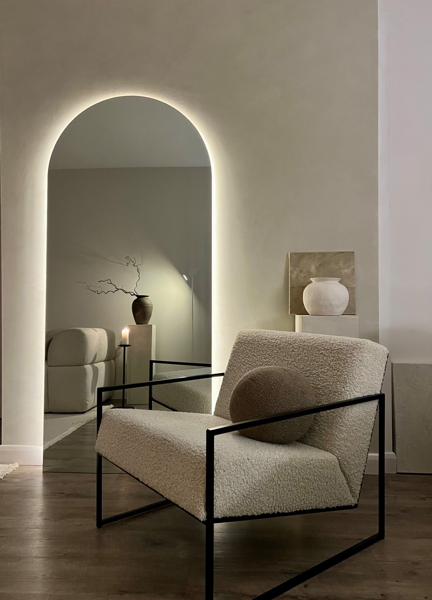 Mirror with led lighting 

Code HOH for 20% discount at William Wood 

Boucle chair | full length mirror | led light 

#LTKuk #LTKhome #LTKeurope