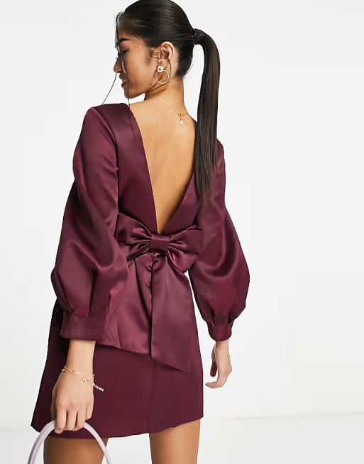 Forever New Petite bow back mini dress in plum | ASOS (Global)