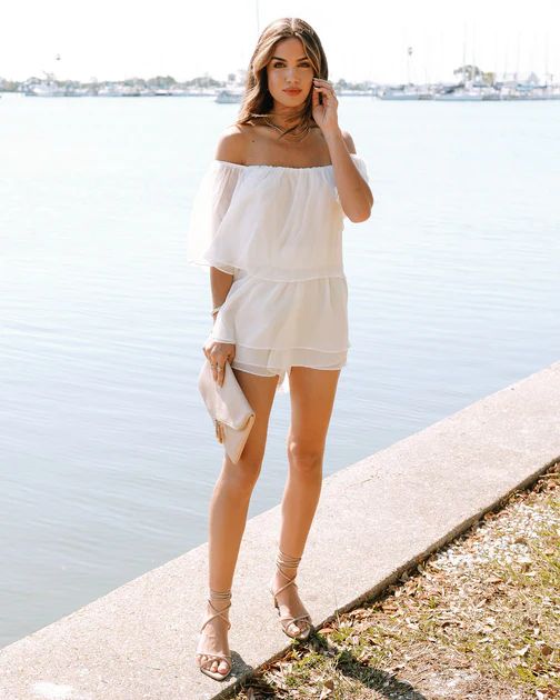 Heaven Sent Off The Shoulder Chiffon Romper - White | VICI Collection