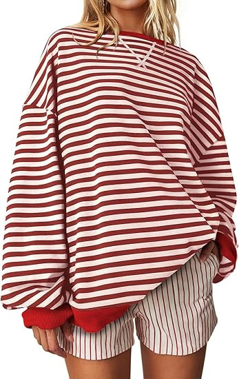 UEU Women Oversized Striped Crewneck Sweatshirt Long Sleeve Color Block Pullover Tops Casual Loos... | Amazon (US)