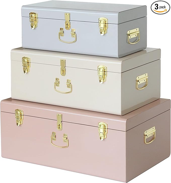 Vixdonos Decorative Box Set of 3 Metal Trunks Chest with Safety Lock Clasp for Treasure Organizat... | Amazon (US)