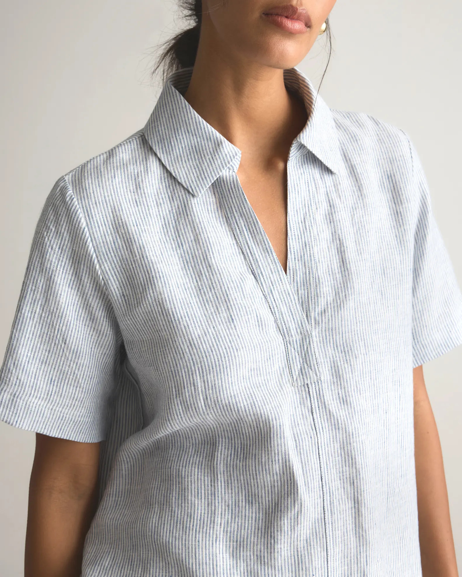 100% European Linen Short Sleeve Popover Top in Blue Pinstripe | Quince
