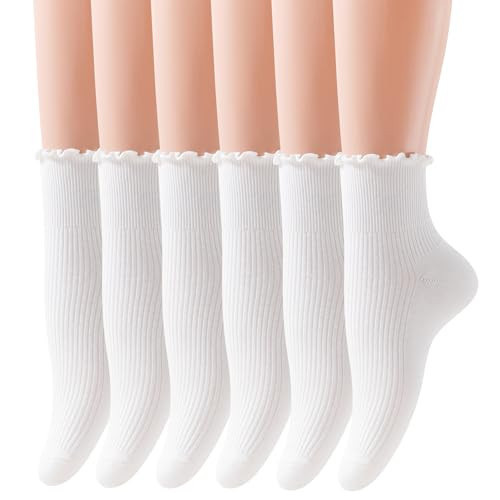 YASIDI Ruffle Ankle Socks for Women, Casual Cute Socks - Soft Cotton Socks Ruffle Socks Low Cut Crew Frilly Sock (Cotton, 6 Pairs-White) | Amazon (US)