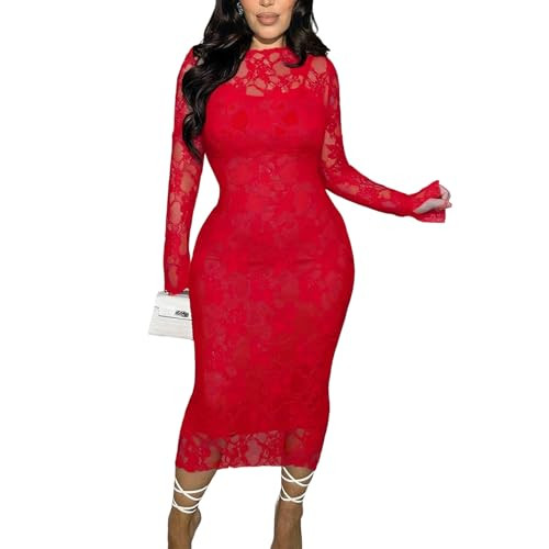Womens Floral Lace Bodycon Midi Dress Long Sleeve Sexy See Through Mesh Club Party 2 Piece Dress ... | Amazon (US)