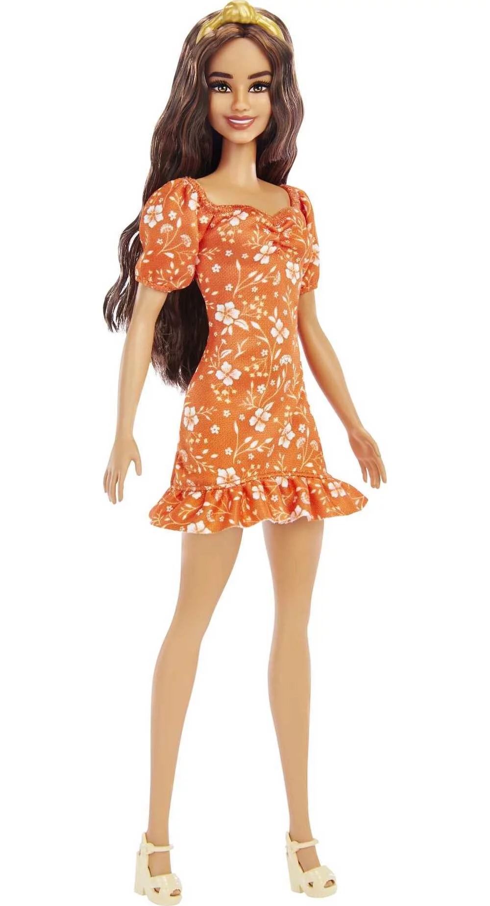 Barbie Fashionistas Doll #182, Long Wavy Brunette Hair, Headband, Orange Floral Print Dress & Hee... | Walmart (US)