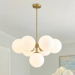 Ceder 26.8 in.W 7-Light Antique Brass Modern/Contemporary Style Chandelier Sputnik Tiered with Wh... | The Home Depot