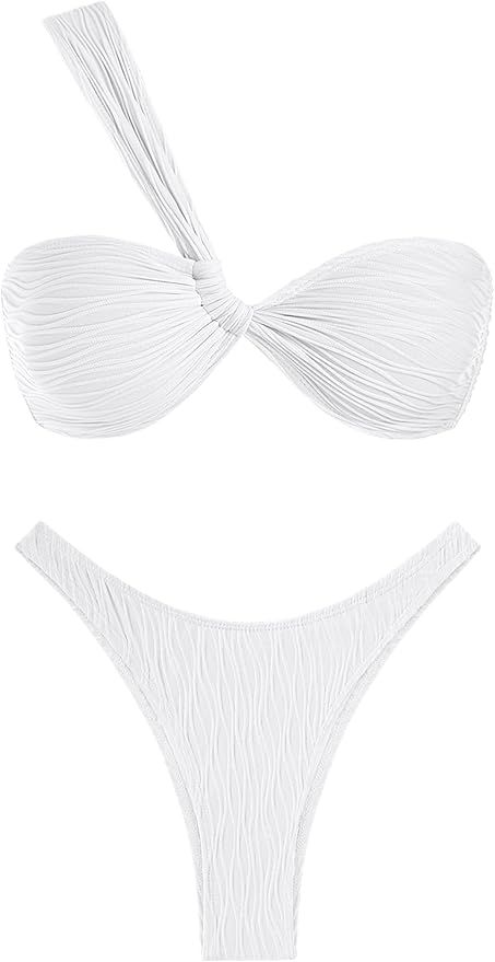 ZAFUL Women's One Shoulder Bikini Twisted Ruched High Cut Bandeau Bikini Set Two Piece Swimsuit | Amazon (US)