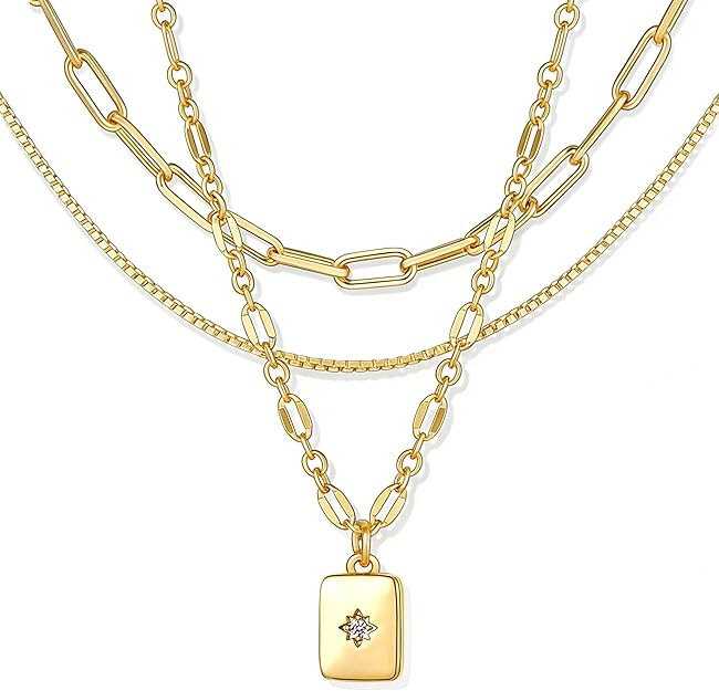 YEEZII Layered Gold Necklaces for Women Trendy, 3 Pcs 14K Gold Plated Choker Paperclip Box Chain ... | Amazon (US)