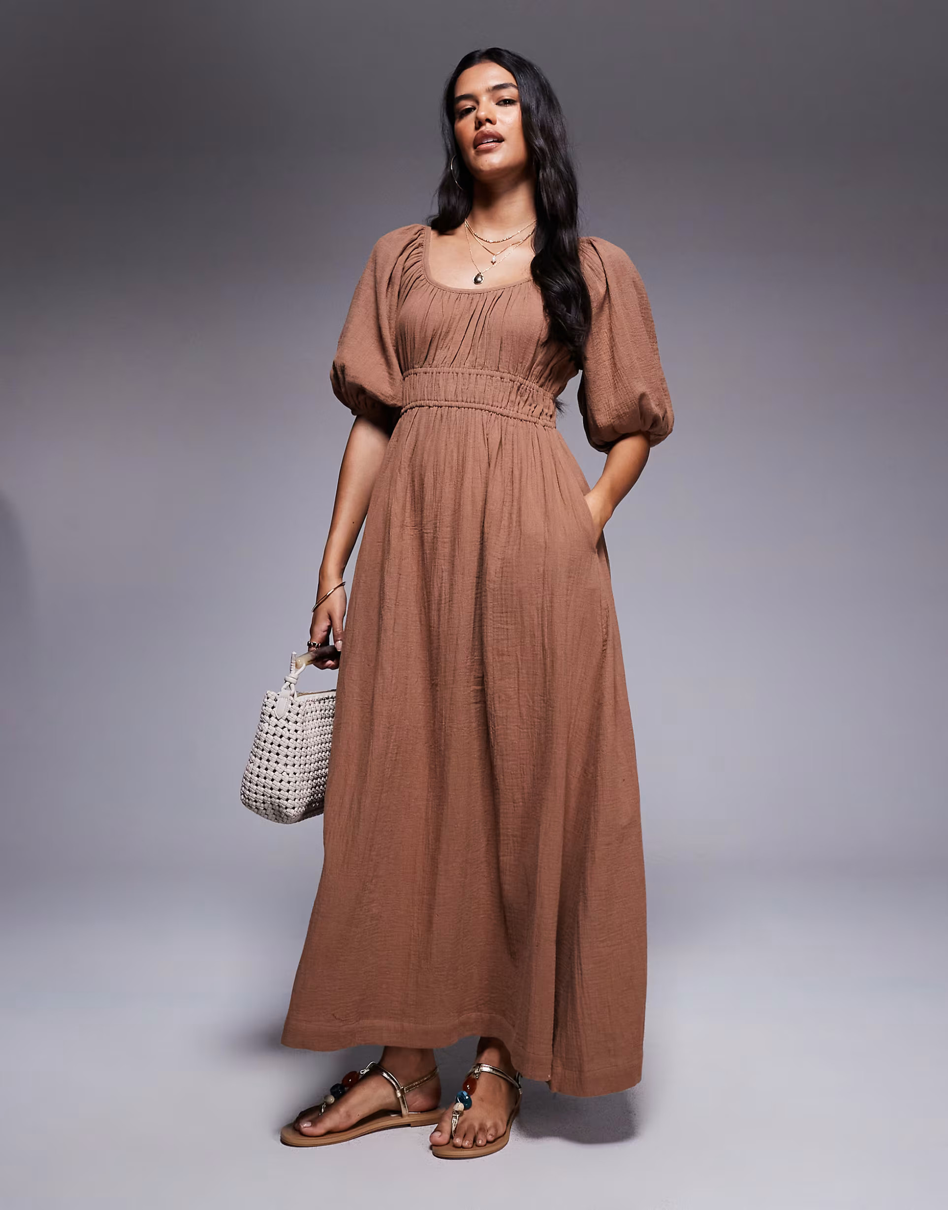 River Island puff sleeve linen look midi dress in stone | ASOS | ASOS (Global)