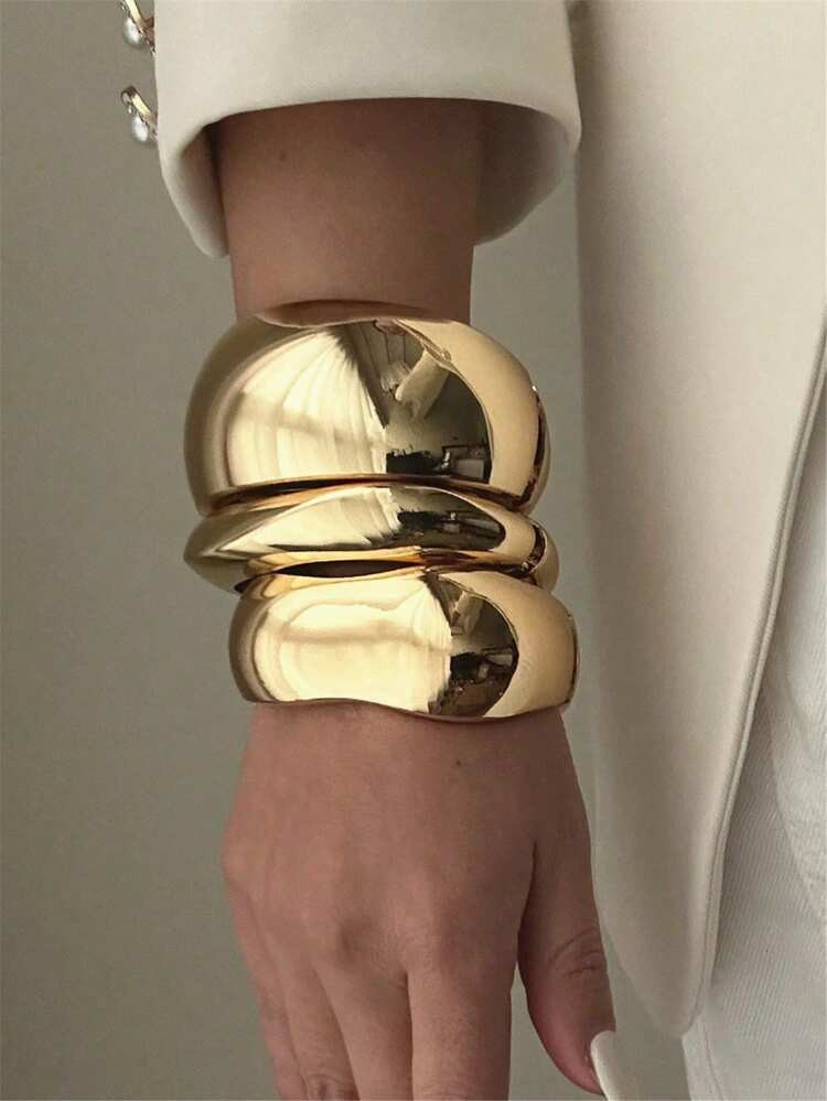Exaggerated Asymmetrical Smooth Curve Bracelet, Versatile Metal Gold Color Bracelet, Cross-Border... | SHEIN