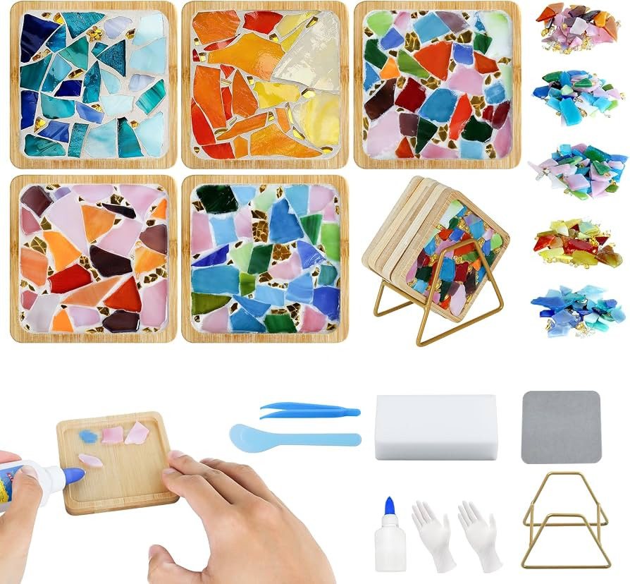 Karidge 5 Sets DIY Mosaic Kit, Mosaic Tiles for Crafts, Mixed Color Stained Glass with Wooden Coa... | Amazon (US)