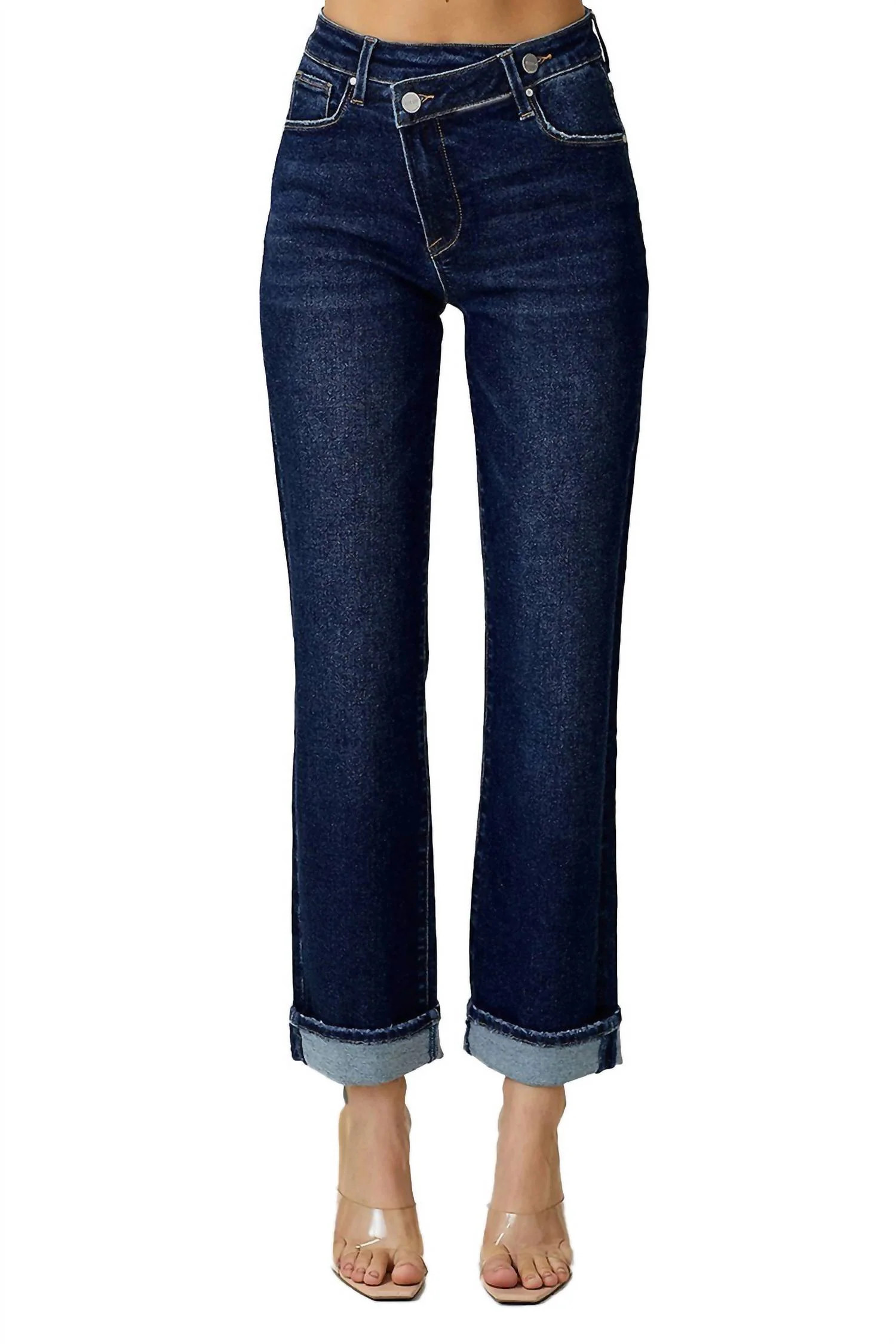 High Rise Crossover Straight Leg Jeans In Dark Blue | Shop Simon