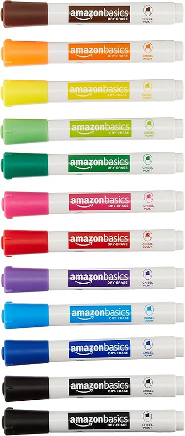 Amazon Basics Low-Odor Chisel Tip Dry Erase White Board Marker, Assorted Colors - Pack of 12 | Amazon (US)