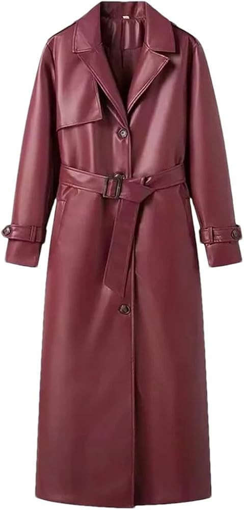 Women Faux Leather Jacket Coat With Belt For Loose Long Windbreaker Trench Vintage Outerwear | Amazon (US)