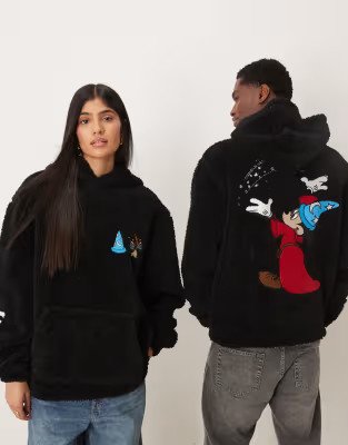 ASOS DESIGN Disney Fantasia unisex relaxed borg hoodie with Mickey Mouse embroidery in black | ASOS (Global)