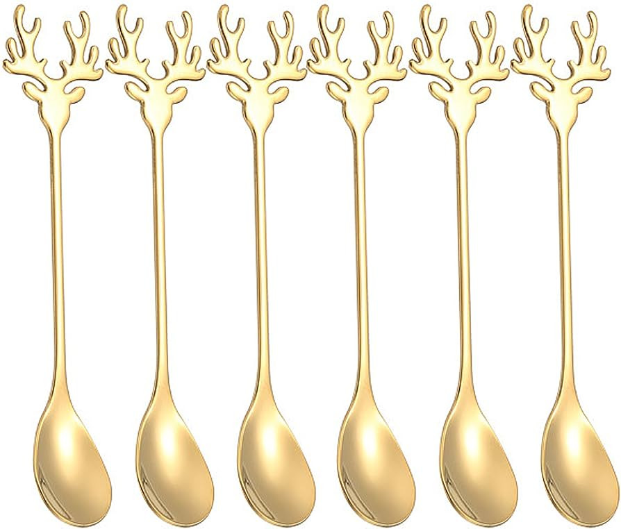 6 PCS Christmas Gold Coffee Spoon, Elk Deer Head Shape Stainless Steel Dessert Spoons, Xmas Stirr... | Amazon (US)