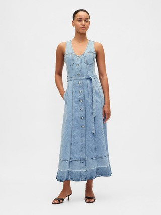 Denim Tie-Belt Button-Front Maxi Dress | Gap (CA)