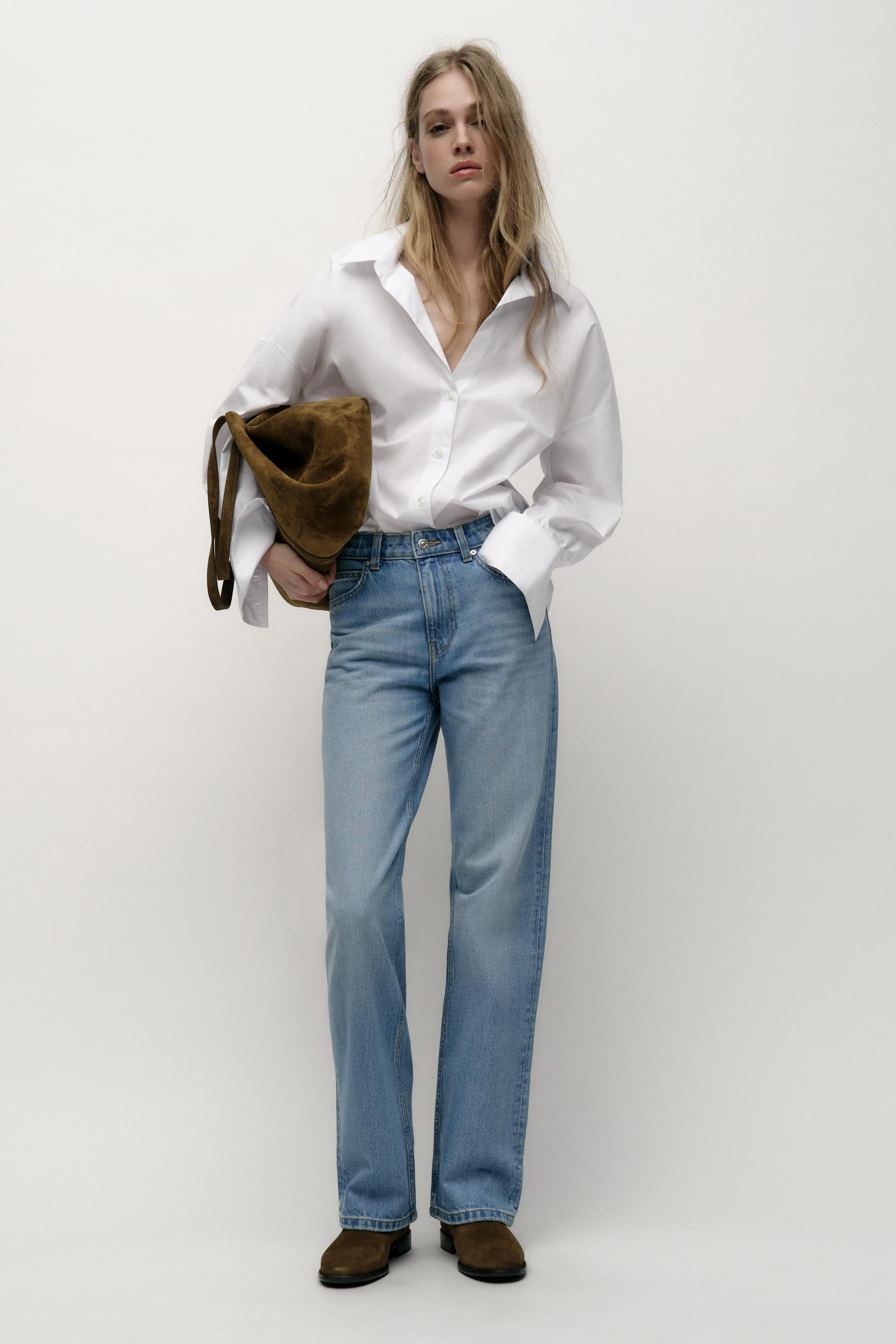 Zara - Z.03 Straight High-Waisted Long Length Jeans - Women - Mid-Blue - Women | Zara US