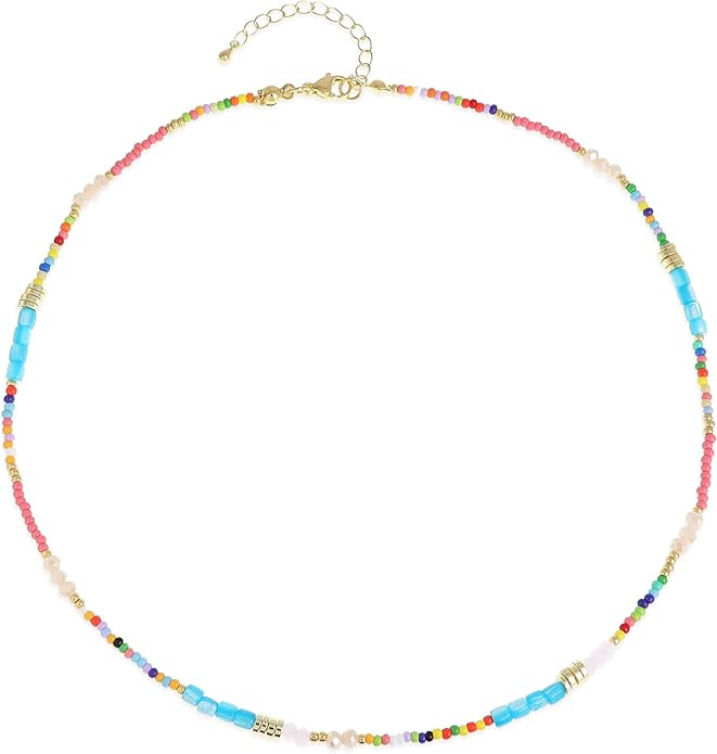 Gold Seed Beaded Necklaces for Women, Boho Handmade Adjustable Colorful Beads Choker Summer Beach... | Amazon (US)