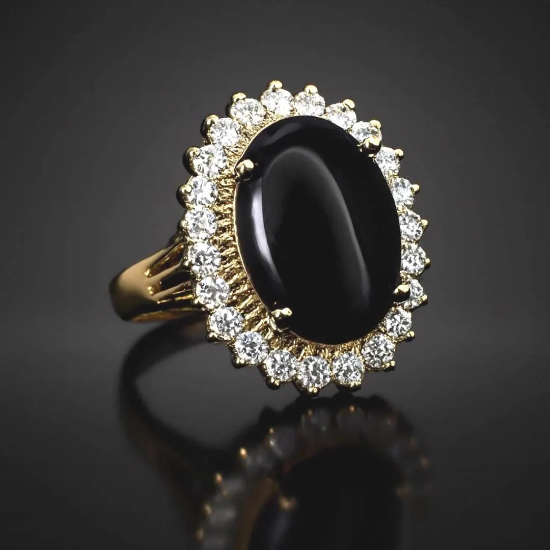 Vintage Black Onyx Cabochon and Swarovski Crystal Ring 18K Yellow Gold Electroplate Designer Sign... | Etsy (US)