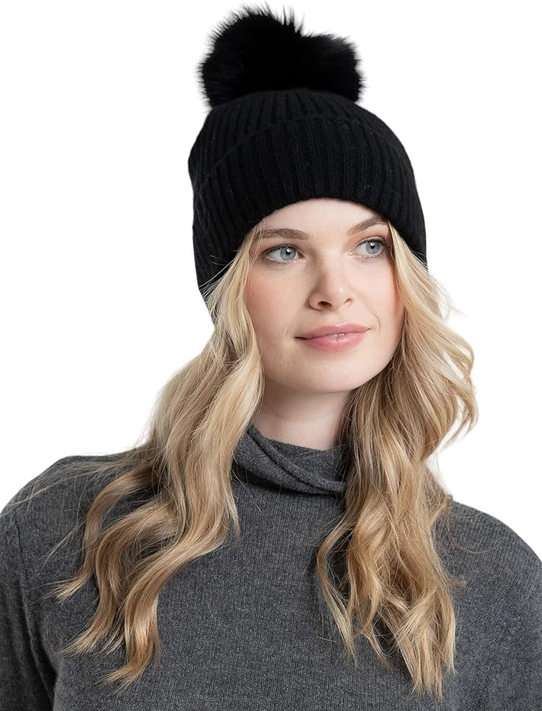 Cashmere 100% Cashmere Luxe Ribbed Fox Pompom Hat | Amazon (US)