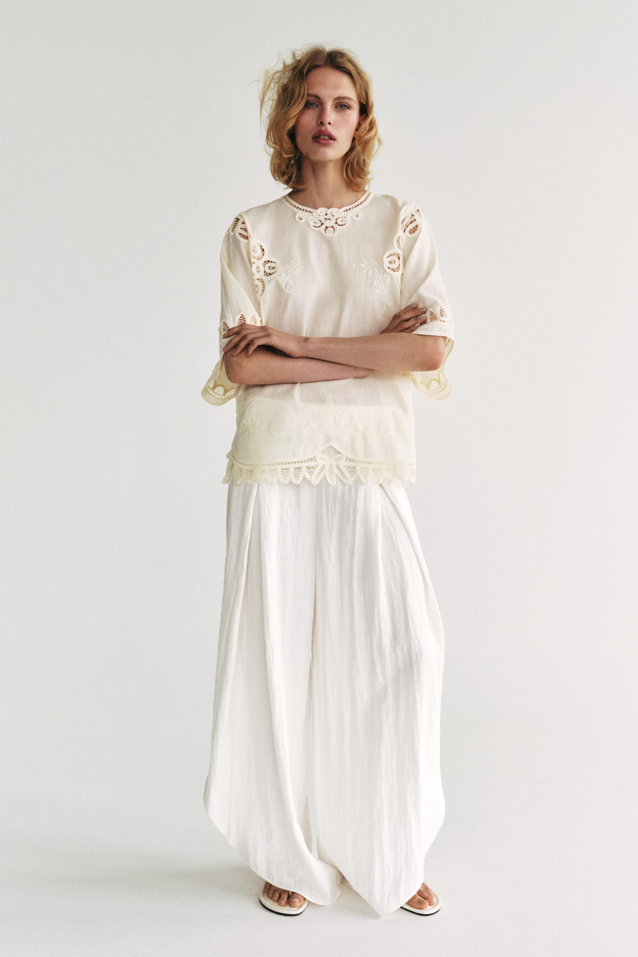 LINEN BLEND EMBROIDERED BLOUSE ZW COLLECTION | Zara US
