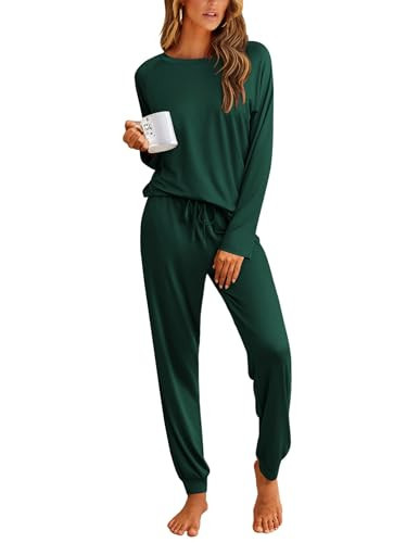 Ekouaer Pajamas Womens Long Sleeve Pj Set 2 Piece Loungewear Soft Comfy Sleepwear with Jogger Pants,Green,M | Amazon (US)