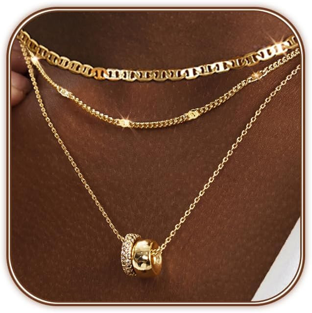 OGD Layered CZ Rondelle Pendant Necklaces for Women, 14K Gold Plated Trendy Mariner Chain Dainty ... | Amazon (US)