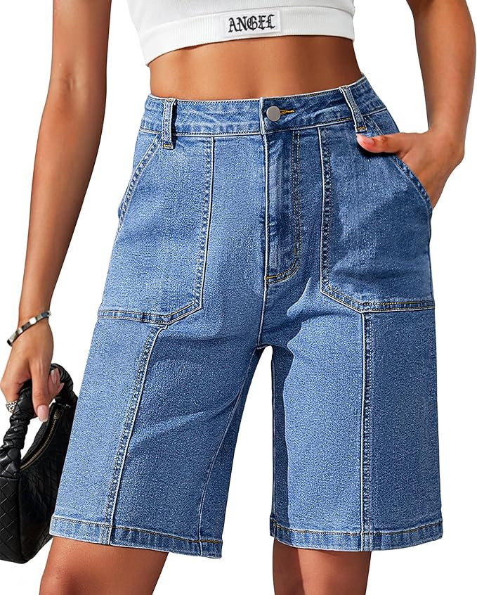 Eddoyee Bermuda Shorts for Women Long Knee Length Jean Shorts Denim Stretchy Cotton Jorts with Po... | Amazon (US)
