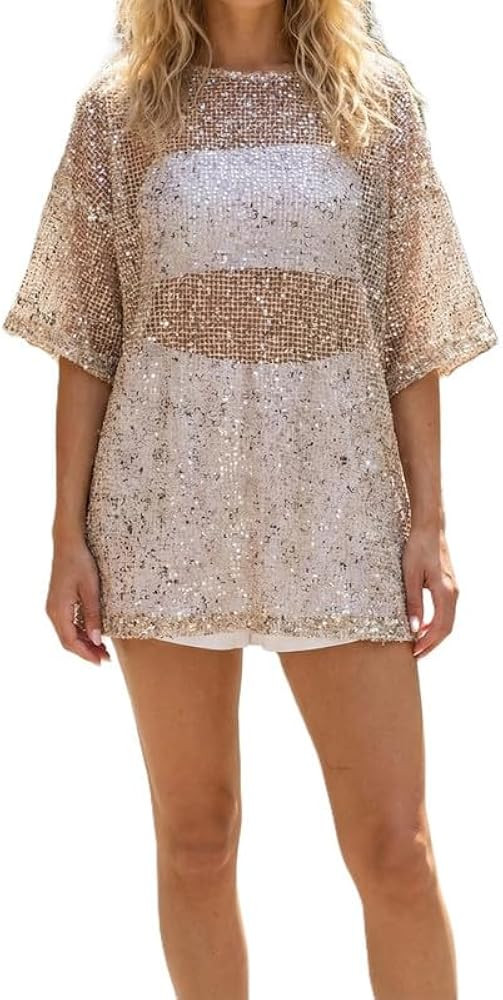 Women Y2k Sequin Knit T Shirt Semi Sheer Mesh Short Sleeve Glitter Tops Oversized Sparkly Beach C... | Amazon (US)