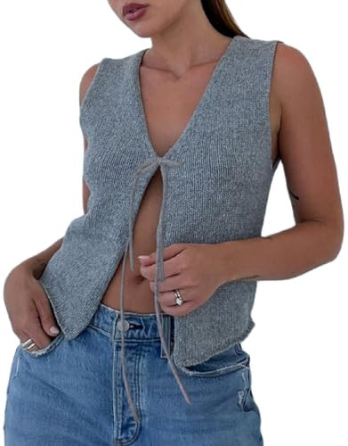 Tie Front Crochet Vest Top for Women Vintage Knit V Neck Sleeveless Tank Tops Casual Going Out Streetwear(Grey,L) | Amazon (US)