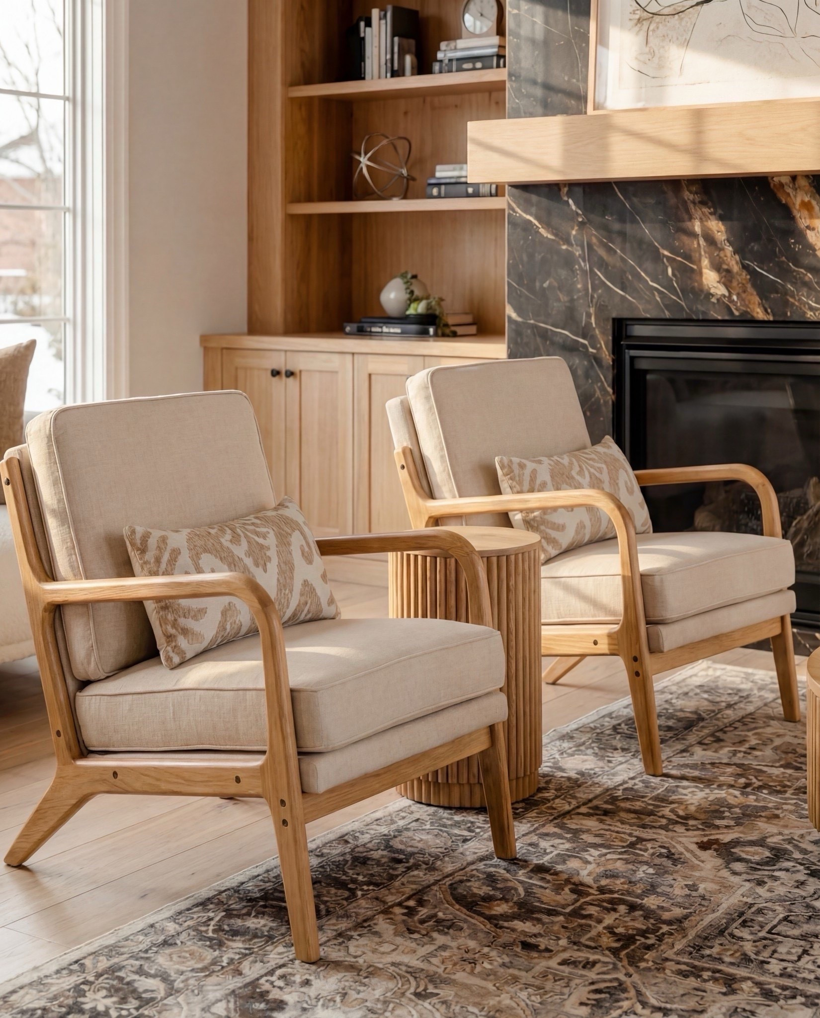 Shop the Look:
• White boucle curved sofa
• Fluted round wood coffee table
• Fluted honey-oak side table
• Oversized chunky knit throw in caramel brown
• Neutral patterned and solid throw pillows
• Natural oak accent chairs with cream cushions
• Woven round jute poufs
• Vintage-washed neutral area rug
• Black marble fireplace surround
• Large white ceramic vase with branches
• Light oak built-ins with modern styling decor
• Globe pendant ceiling light

#LTKSaleAlert #LTKHome