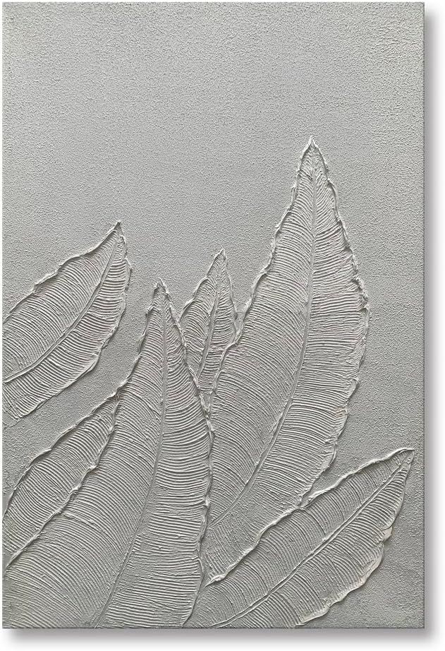 Hand Painted White Leaf Textured Wall Art Minimalist Botanical Painting on Canvas Contemporary Mo... | Amazon (US)