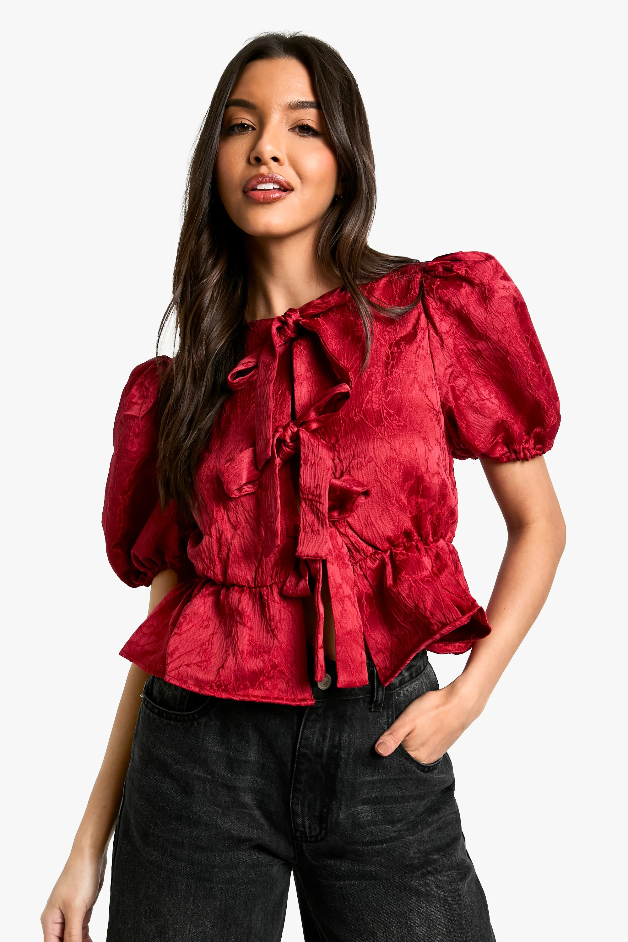 Tops | Textured Jacquard Tie Front Puff Sleeve Smock Top | boohoo | Boohoo.com (NL)