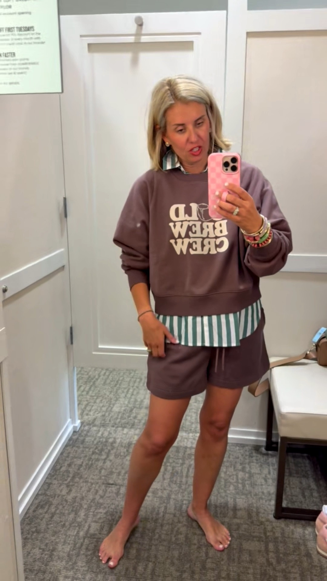 Oh wait…I love this layered look! Pop the collar and leave the shirt tail out & throw on some sneakers and go! 
Set - small 
Blouse - xs petite
Sneaker - 8 tts 
