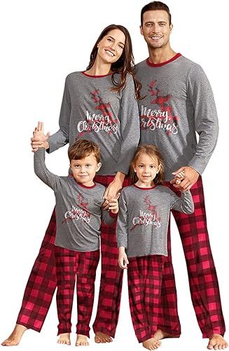 IFFEI Matching Family Pajamas Sets Christmas PJ's Sleepwear Printed Top with Plaid Bottom | Amazon (US)