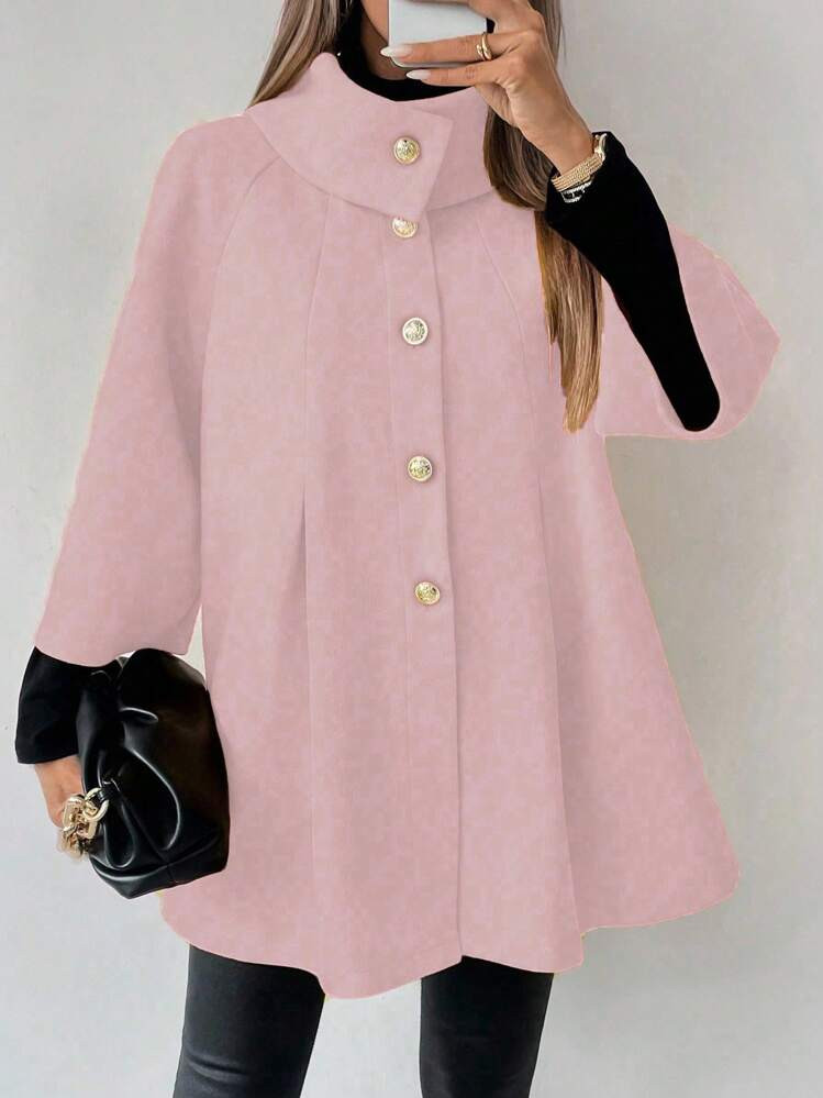 LanaWest Women's Casual Front Button Loose Raglan Sleeve Woolen Coat, For Daily Wear | SHEIN