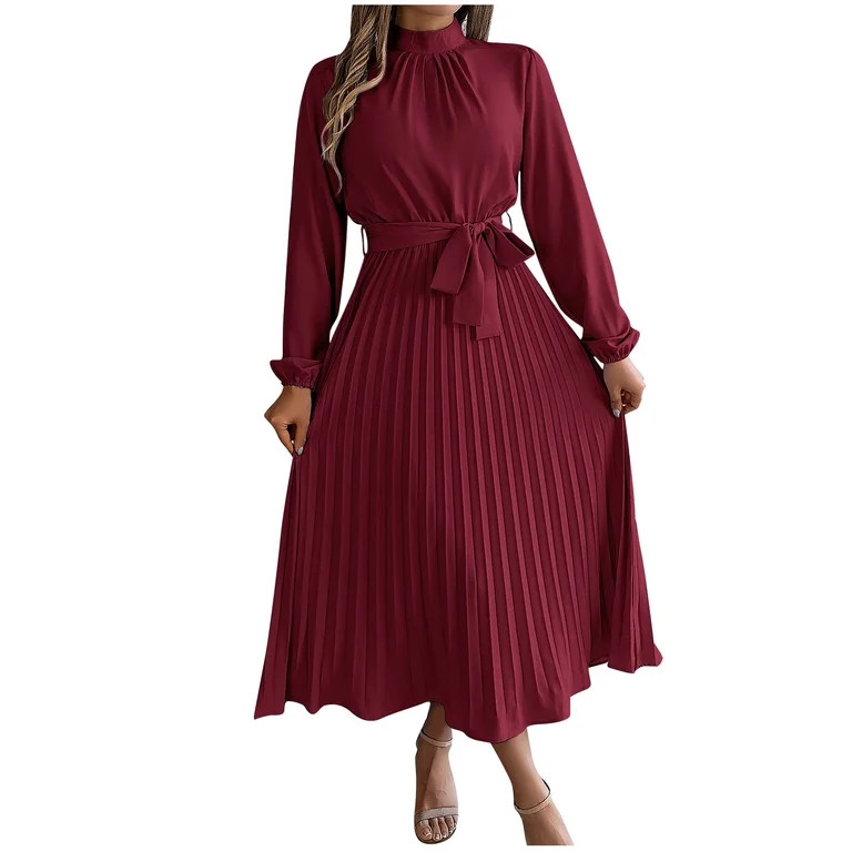 QUINDOS Summer Dresses for Women Sundress Sleeveless Casual High Neck Sun Dresses Pleated Solid C... | Walmart (US)
