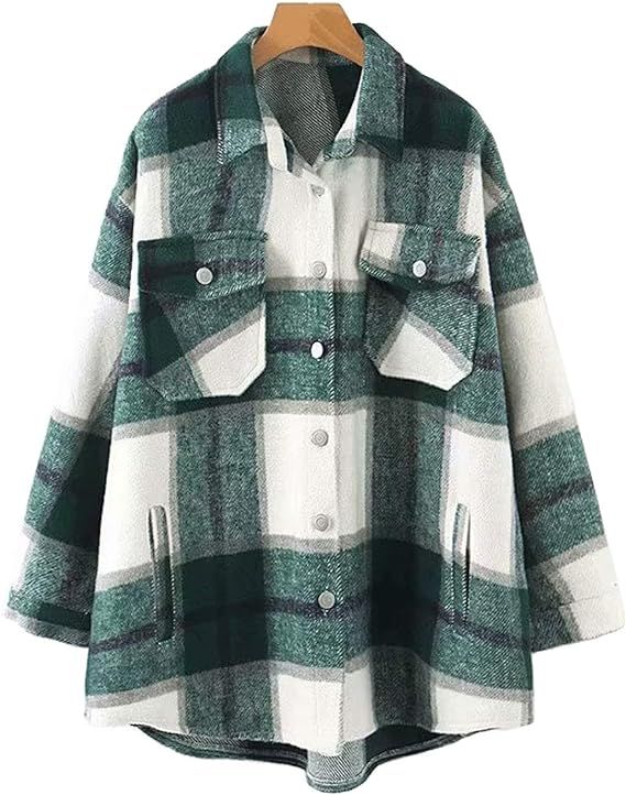 Bankeng Women's Casual Wool Blend Plaid Button Down Long Sleeve Multi-Pocket Jacket Coat | Amazon (US)
