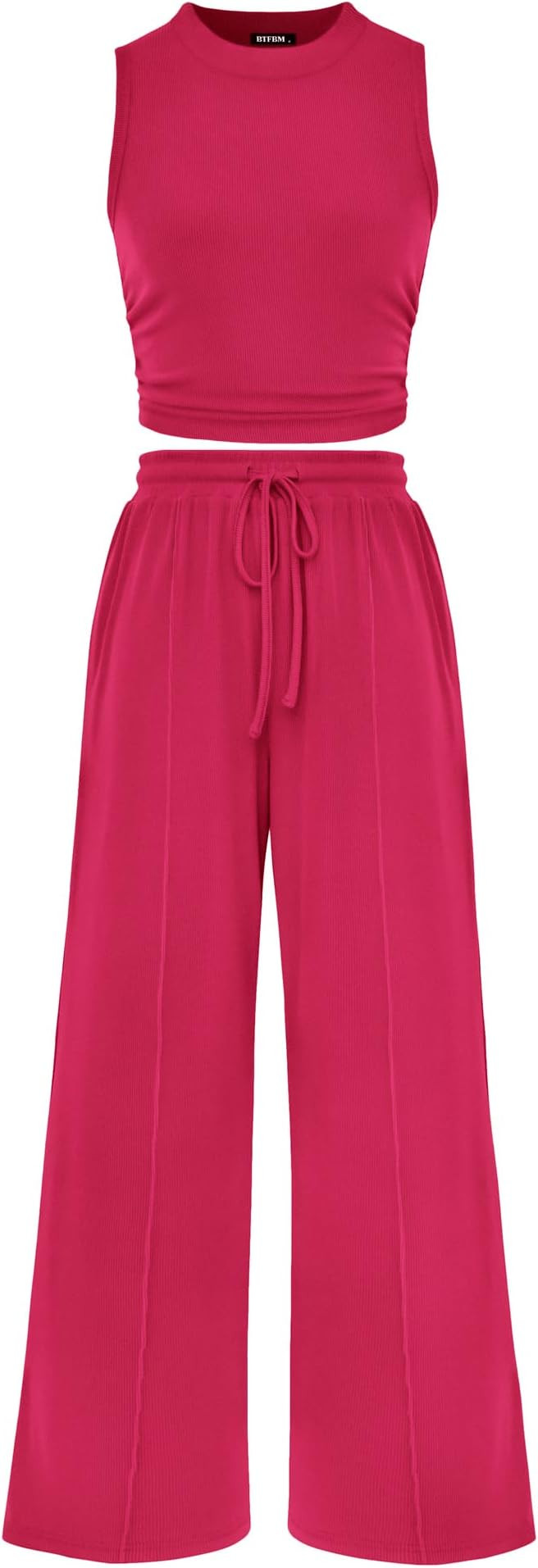 BTFBM Summer Outfits For Women 2026 Ribbed Sleeveless Tank Tops Wide Leg Pants 2 Piece Sets Loung... | Amazon (US)