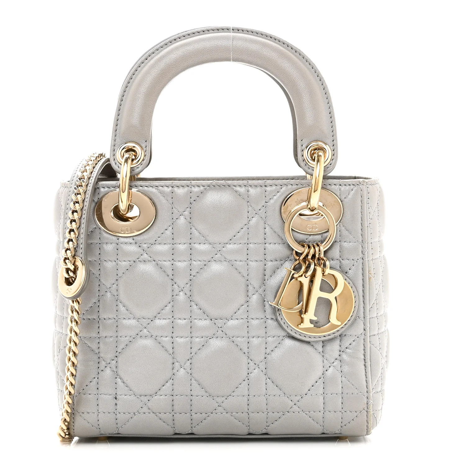 Metallic Lambskin Cannage Mini Lady Dior Grey | FASHIONPHILE (US)