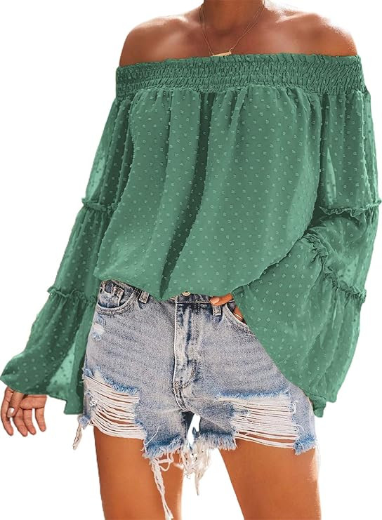 Asvivid Womens Swiss Polka Printed Smocked Off The Shoulder Tops Summer Flared Bell Sleeve Chiffo... | Amazon (US)