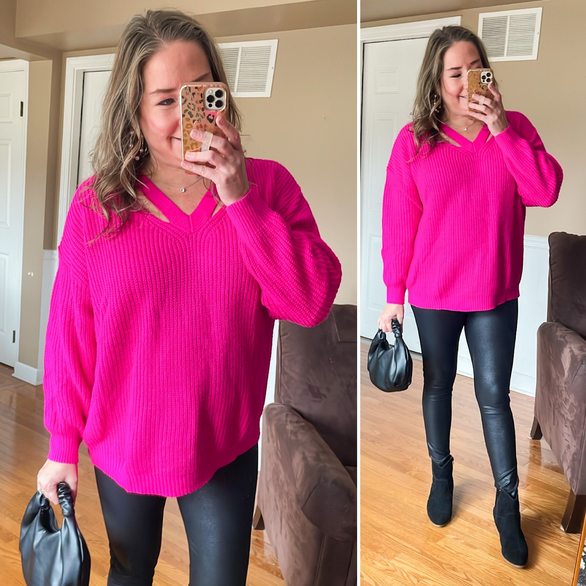 Valentine’s Day outfit inspiration. Hot Pink V-neck cut out sweater with faux leather leggings from Amazon and bag from The Drop. #founditonamazon 

#LTKunder100 #LTKstyletip #LTKSeasonal