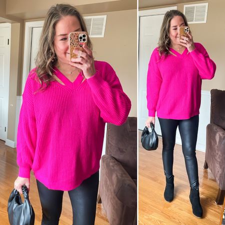 Valentine’s Day outfit inspiration. Hot Pink V-neck cut out sweater with faux leather leggings from Amazon and bag from The Drop. #founditonamazon 

#LTKunder100 #LTKstyletip #LTKSeasonal