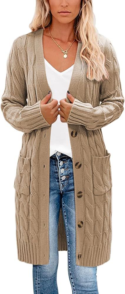 YUOIOYU Cable Knit Open Front Cardigan Sweaters Button Down Long Sleeve Outwear with Pockets | Amazon (US)