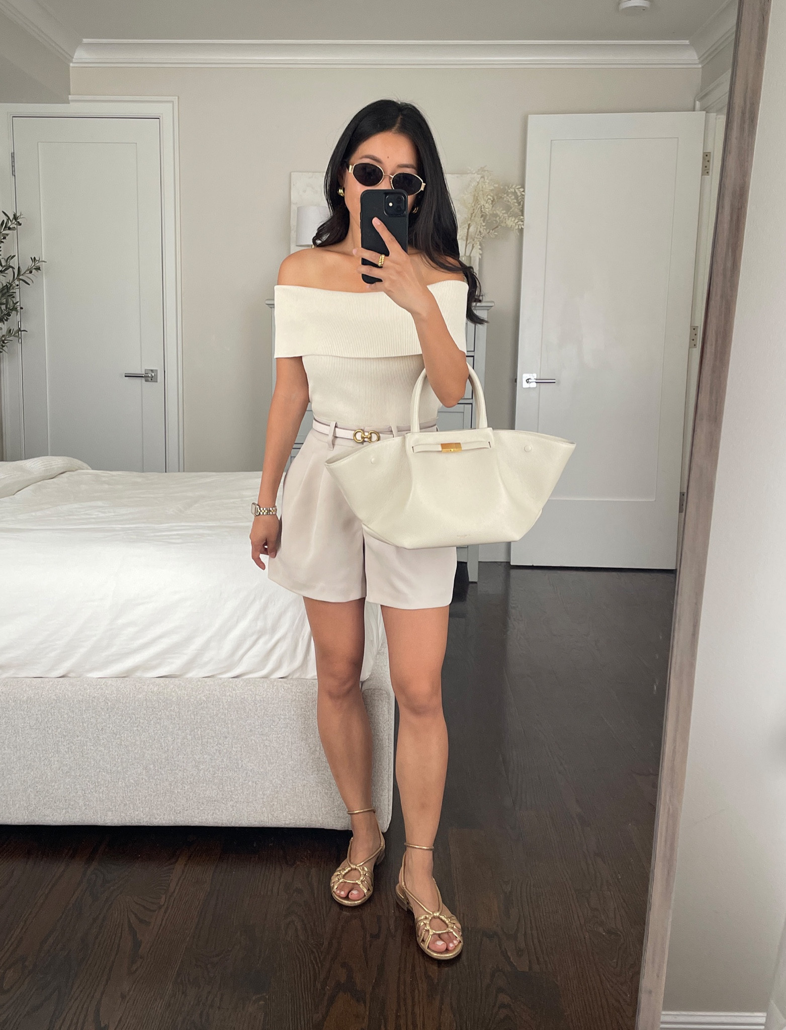 Summer girls / date night outfit idea with flats 

• Open Edit off the shoulder top xs - worn with nippies 

• Quince crepe shorts size 0 - one of the best petite-friendly tailored shorts I’ve found. Nice quality, wrinkle-resistant crepe fabric, stretch back, and the perfect length.

0 fits a little loose on me (I need to wear these belted) but is TTS compared to other brands. Size 0 measures 13” across the waist when lying flat and unstretched with a 10” rise and 4.5” inseam. 

• Sezane sandals 6

• Edited Pieces reversible mini belt xxs (www.editedpieces.com)

• Amazon sunglasses 

• Demellier bag

#LTKFindsUnder50 

#LTKSeasonal #LTKitbag #LTKfindsunder100